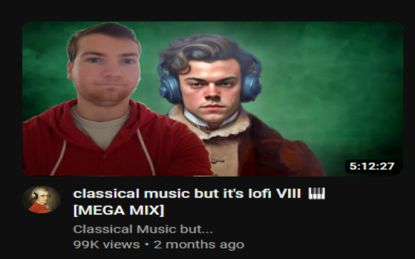 Screenshot of a youtube thumbnail entitled 'classical music but its lofi' with my brother inserted into the thumbnail