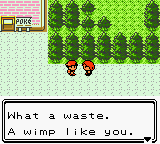 Pokemon screenshot, text reads 'What a waste. A wimp like you.'