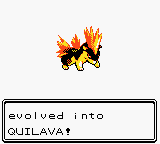 Pokemon screenshot, text reads 'evolved into QUILAVA!'