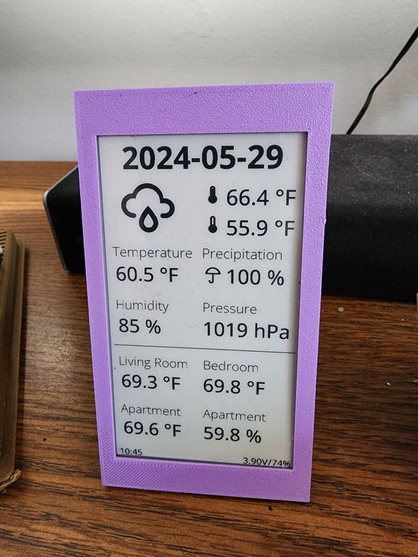 Photo of the purple 3d printed dashboard showing the date along with temperature/humidity from inside and outside