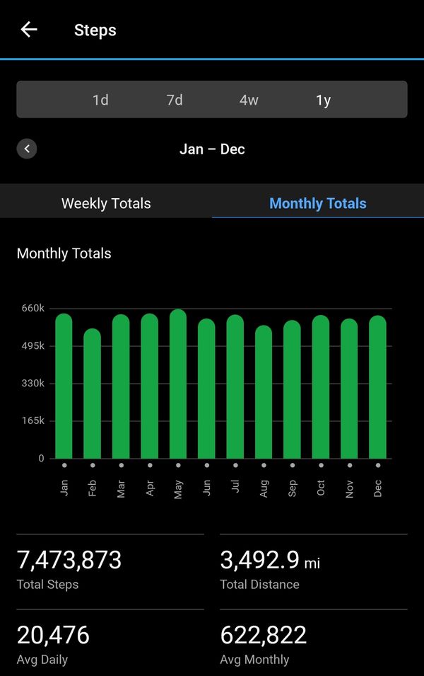 Screenshot from Garmin showing an average of 20,476 steps every day throughout 2023