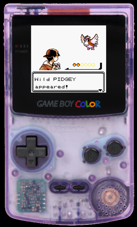 Pokemon screenshot inside transparent purple gameboy color